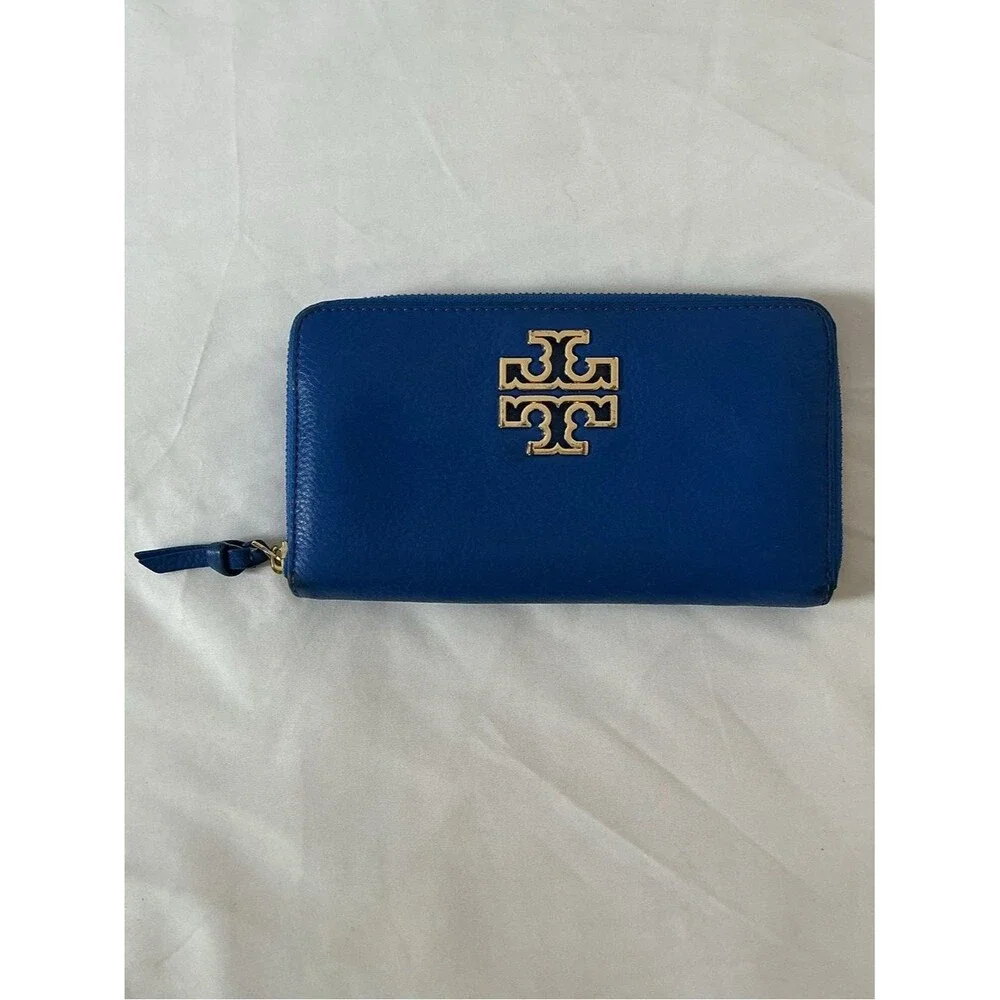 Tory Burch Cobalt Blue Zip-Around Wallet with Gold Logo